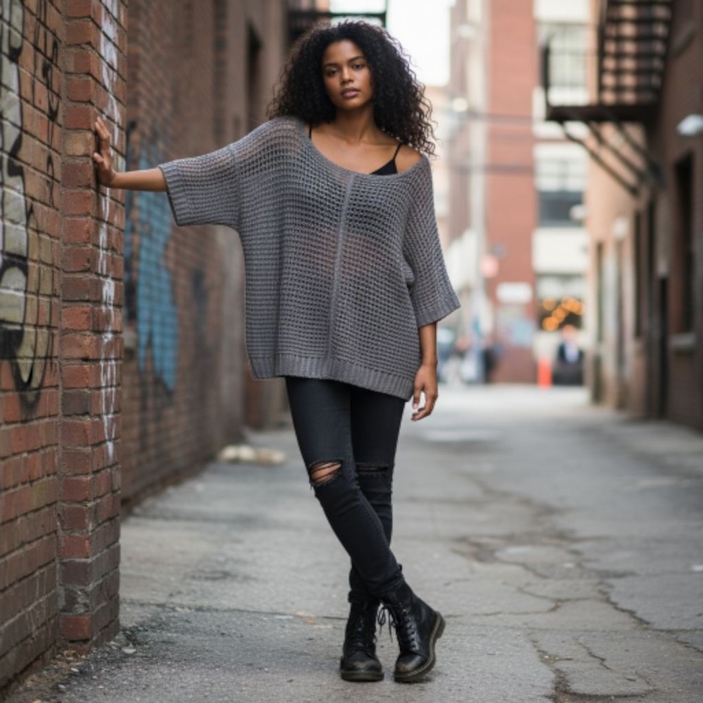 Decree Grey Open Weave Slouchy Knit Sweater‎ XL